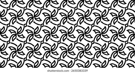 A seamless, repeating pattern featuring bold black outlines of stylized floral elements with curved stems and leaf-like shapes on a white background.