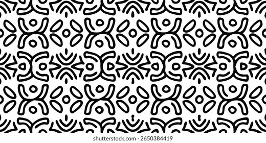 A seamless repeating pattern featuring bold black lines on a white background, creating a visually striking tribal or folk art inspired design.