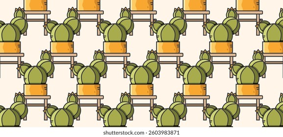 A seamless, repeating pattern featuring cartoon-style potted cacti on wooden stands