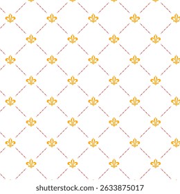 Um padrão de repetição sem emenda com o símbolo clássico de flor-de-lis em amarelo dourado com linhas diagonais tracejadas vermelhas formando uma grade de diamante. Perfeito para têxteis, papéis de parede.