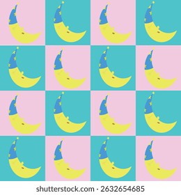 Seamless repeating pattern featuring a cute crescent moon character wearing a blue nightcap with yellow stars. The design alternates between pastel pink and turquoise backgrounds, giving it a playful.