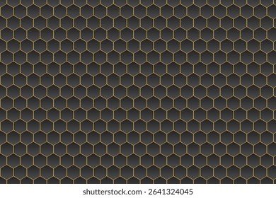 A seamless repeating pattern featuring dark gray hexagons outlined in gold, creating a sophisticated and modern design. The hexagons have a subtle gradient effect.