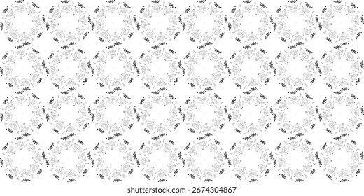 A seamless repeating pattern featuring delicate, star-like floral motifs with layered petals in a grayscale palette.