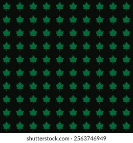 A seamless repeating pattern featuring green maple leaf silhouettes on a black background, creating a bold and elegant design.