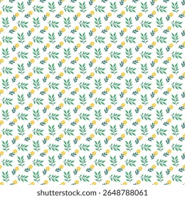 A seamless repeating pattern featuring green leaves and yellow flowers, arranged in a diagonal layout. Perfect for backgrounds, textiles, and wallpaper designs with a fresh and nature-inspired theme.