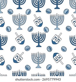 Um padrão de repetição sem emenda com símbolos de Chanucá, incluindo menorás com velas acesas, dreidels giratórios e moedas de gelt, em tons de azul sobre um fundo branco.