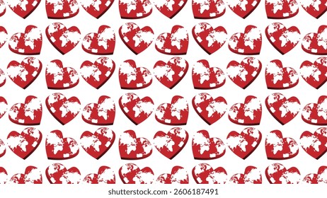 A seamless repeating pattern featuring heart-shaped world maps in red and white symbolizes love, unity, and global connection. Perfect for Valentine's Day or humanitarian projects.