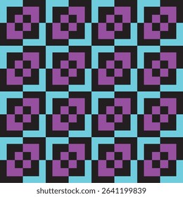 A seamless, repeating pattern featuring interlocking purple, black, and light blue squares creating an abstract, pixelated geometric design
