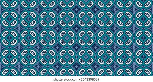 A seamless, repeating pattern featuring intertwined swirling motifs within a circular or ovoid framework.
