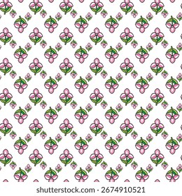 A seamless repeating pattern featuring intricate floral motifs in black and subtle pink hues.