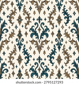 A seamless repeating pattern featuring intricate baroque-style scrolls and fleur-de-lis elements in teal and gold against a cream background
