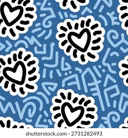 Patrón de repetición sin fisuras con garabatos de tema de amor combinados con Elementos de garabatos azules abstractos. Este patrón de Vector dibujado a mano es perfecto para el diseño textil, tela, Fondo de pantalla, papel de embalaje, embalaje, fondos y diseños de superficies creativas. Adecuado para uso digital e impreso con un estilo moderno y artístico.