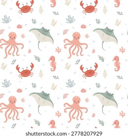 Seamless repeating pattern featuring marine animals including an octopus, stingray, seahorse, and red crab on a solid white background. The composition includes delicate coral and seaweed details between the characters. Professional tileable texture designed for educational materials, summer accessories, and pet-related commercial products.
