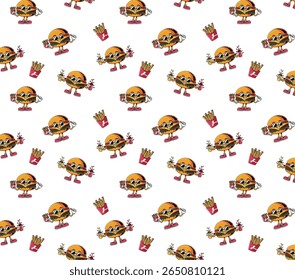 Seamless repeating pattern featuring playful cartoon-style burger and fries characters. The cute burger wears sunglasses and sneakers, holding soda and fries, while the fries box has a cheerful,