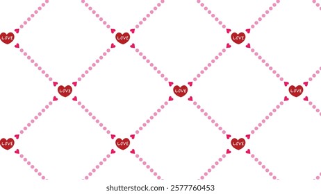 A seamless repeating pattern featuring red hearts with the word "LOVE" at each intersection of a pink dotted lattice. The soft yet modern design is perfect for Valentine's Day-themed projects.