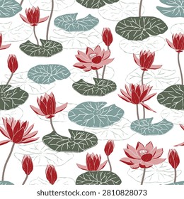 A seamless repeating pattern featuring red and dusty pink lotus water lily flowers, buds, and lily pads in sage green and dusty blue tones. Hand-drawn line art style botanical illustration with visible leaf veins, set on a clean white background. Ideal for textile, wallpaper, fabric, packaging, and stationery design.