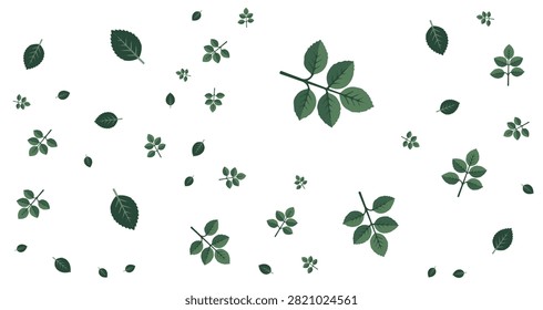 A seamless repeating pattern featuring scattered green leaves and small leafy branches on a white background with a clean natural design