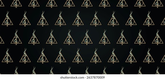 A seamless, repeating pattern featuring stylized mystical symbols, each consisting of a golden-yellow triangle, a circular element, and a vertical line, intertwined with a light blue serpent-like form