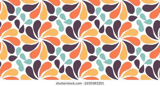 A seamless, repeating pattern featuring stylized floral shapes in warm retro colors. The design evokes a vintage, playful aesthetic with its organic, flowing forms.
