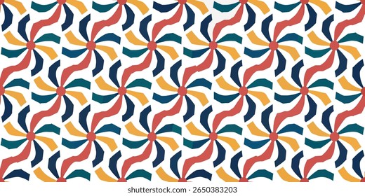A seamless repeating pattern featuring stylized sunbursts or pinwheels with curved, wavy petals in a vibrant retro color palette against a clean white background.