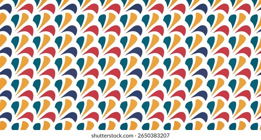 A seamless, repeating pattern featuring stylized teardrop or petal shapes in vibrant red, deep blue, and golden yellow against a clean white backdrop.