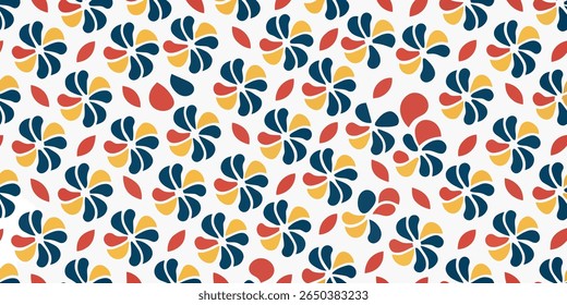 A seamless repeating pattern featuring stylized flowers with navy blue, yellow, and red petals scattered across a clean white background.