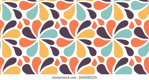 A seamless repeating pattern featuring stylized teardrop shapes in a palette of muted orange, teal, and golden yellow against a cream background.