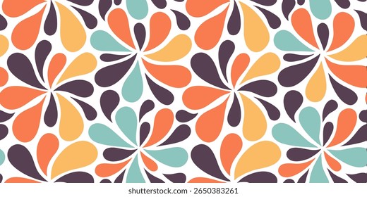 A seamless repeating pattern featuring stylized floral elements in teal, orange, and yellow, set against a clean cream background, evoking a vintage aesthetic.