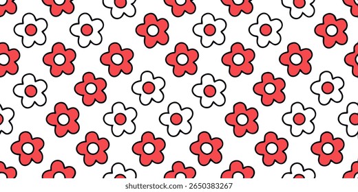 A seamless repeating pattern featuring stylized five-petal flowers in alternating red and white colors, each with a black outline and a red or white center.