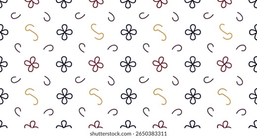 A seamless repeating pattern featuring stylized four-petal flowers and simple curved lines in a limited color palette on a white background.