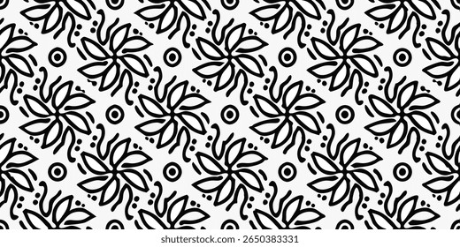 A seamless, repeating pattern featuring stylized black floral elements and circular designs on a white background, creating a modern, graphic aesthetic.