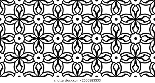A seamless, repeating pattern featuring stylized floral motifs and geometric shapes in a striking black and white contrast. The design exhibits radial symmetry.