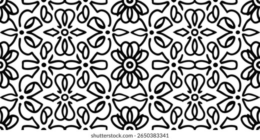 A seamless, repeating pattern featuring stylized black floral motifs and geometric diamond shapes against a clean white background, evoking a modern, graphic aesthetic.