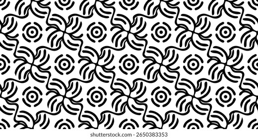 Um padrão contínuo e repetitivo com espirais pretos orgânicos estilizados e círculos concêntricos em um fundo branco, criando uma sensação de movimento e simetria.