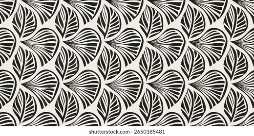 A seamless repeating pattern featuring stylized black leaves with radiating lines against a light, textured background, creating a dynamic and organic visual.