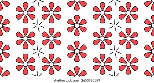 A seamless repeating pattern featuring stylized red flowers with white centers and black outlines, interspersed with small black star-like shapes on a clean white backdrop.
