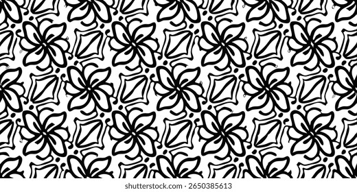 Um padrão contínuo e repetitivo com flores estilizadas e formas geométricas renderizadas em linhas pretas grossas e fluidas em um plano de fundo branco nítido.
