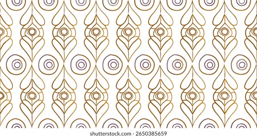 A seamless, repeating pattern featuring stylized peacock feathers in metallic gold and subtle purple hues against a clean white backdrop, evoking a luxurious feel.