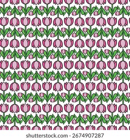 Seamless repeating pattern featuring stylized purple tulips and vibrant green leaves on a clean white background.