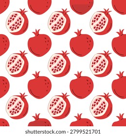 Seamless repeating pattern featuring stylized whole and halved pomegranates in flat red tones on white background simple organic shapes, bold outlines,