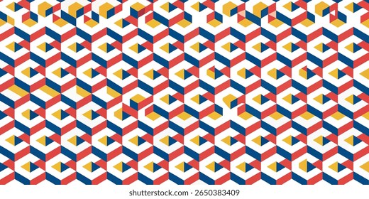 A seamless repeating pattern featuring a tessellation of isometric cubes and triangles in bold red, deep blue, and bright yellow against a white background.