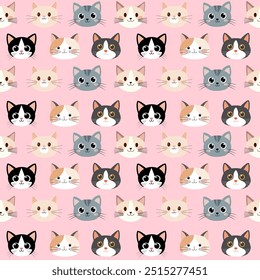 seamless repeating pattern featuring various cute cat faces with different colors and expressions on a soft pink background, perfect for textiles and designs.