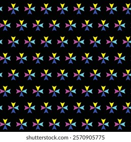 A seamless repeating pattern featuring vibrant geometric stars in cyan, magenta, yellow, and blue on a black background, ideal for textile, fabric, and wallpaper designs.