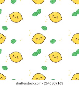 Seamless repeating pattern featuring whole lemons and mint leaves in a kawaii and minimal flat style. Perfect for summer-themed packaging, fabric, and digital backgrounds.