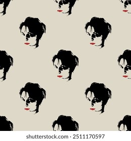 Seamless repeating pattern with female heads. Portrait of a beautiful brunette woman with red lipstick. 