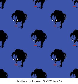 Seamless repeating pattern with female heads. Portrait of a beautiful brunette woman with red lipstick on blue background. 