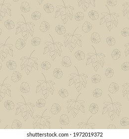 Seamless repeating pattern. Fig tree branches with fruit. Outlined monochrome vector illustrations on beige background for surface design and other design projects