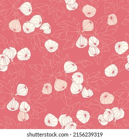 Seamless repeating pattern. Fig tree branches with fruit in toile de jouy style. Outlined monochrome vector illustrations on red background for surface design and other design projects