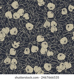 Seamless repeating pattern. Fig tree branches with fruit. Outlined monochrome vector illustrations on light-colored background for surface design and other design projects