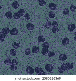 Seamless repeating pattern. Fig tree branches with fruit. Colofull vector illustrations on dark background for surface design and other design projects. Color of the Season Plum Royale